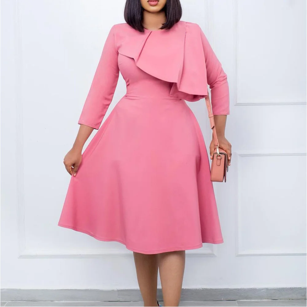 

Women's Fashion Long Sleeve Round Neck Solid Color Temperament Big Swing Ruffle Stitching Dress Women