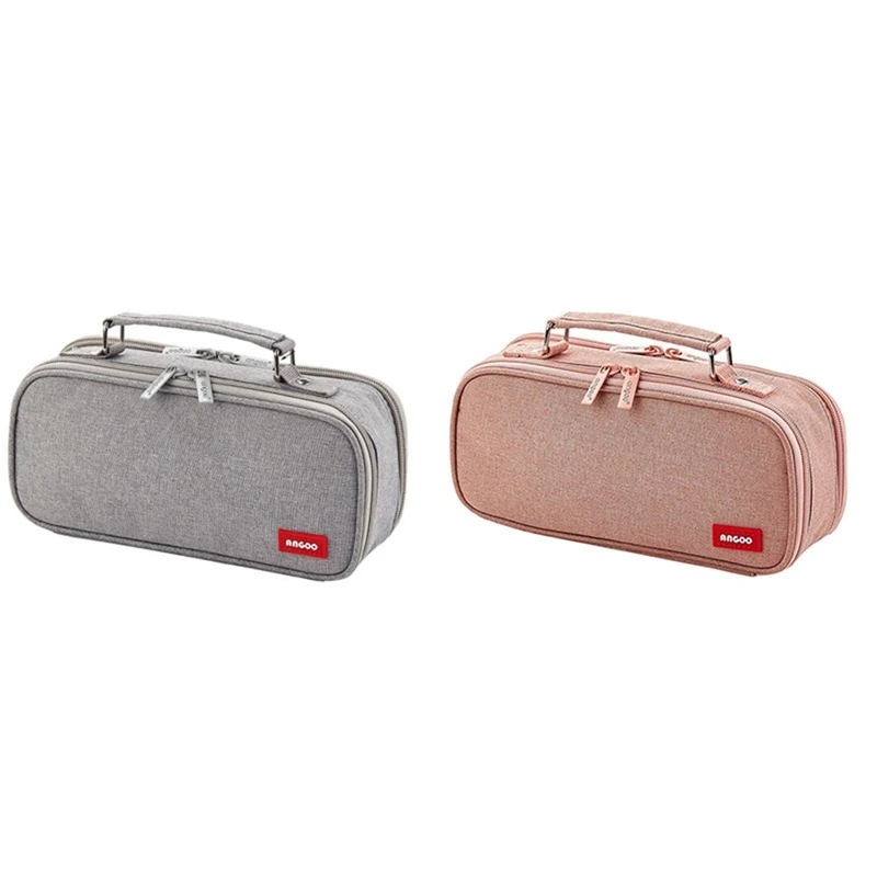 

ANGOO 2Pcs Pencil Case Canvas Double Layer Large Capacity Kawaii School Supplies Makeup Bag Pen Box - Grey & Pink