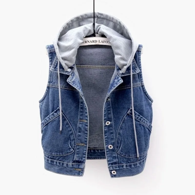 New Denim Vest Women's Spring Autumn Clothes Sleeveless Wild Tops Short Hooded Jacket Women Denim Jeans Vest Jacket Female