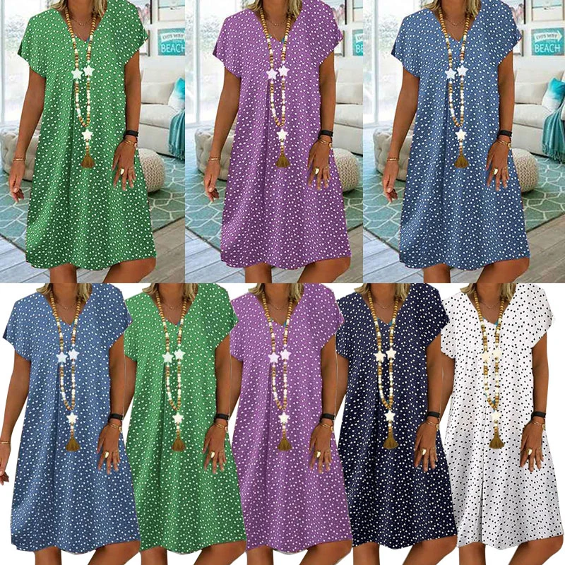 

Summer Fashion Heart Print Dress Dot Casual Short Polyester Vintage Beach Dress Short Sleeve Elegant V-neck Party Dress Sundress