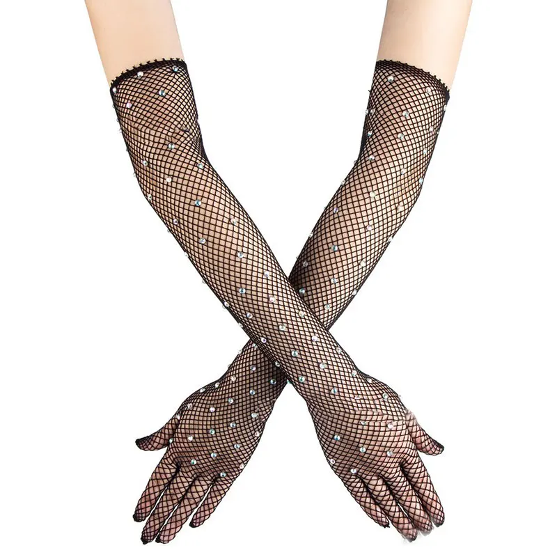 

Stretch Rhinestones Five Fingers Mittens Colorful Flash Diamonds Hollow Mesh Gloves Thin Cosplay Sexy Stage Performance Gloves