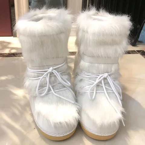 2023 зимние ботинки для снежной погоды, женские лыжные ботинки, пушистые, на шнуровке, искусственная кожа, платформа, плоская подошва, белые лыжные ботинки