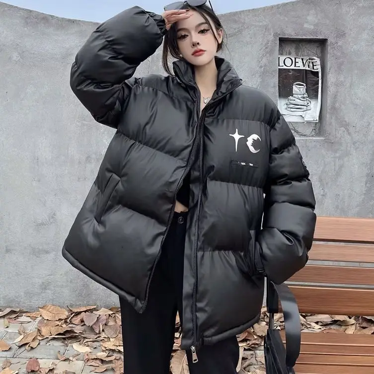 Winter Oversized Leather Warm Parka High Street Black Stand Collar Long Sleeve Vintage Jacket Women Harajuku Fashion Coat 2022