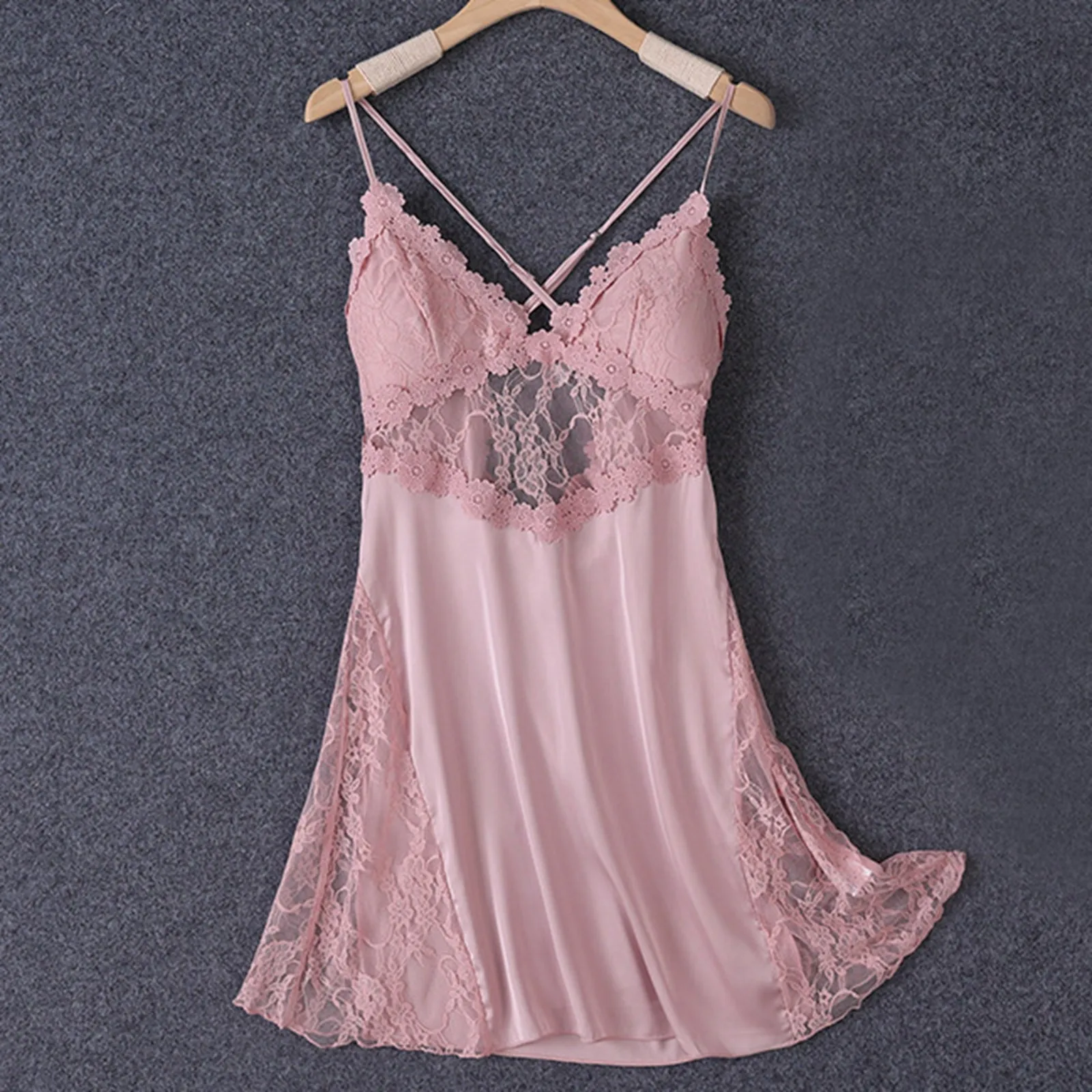 

Women's Sexy Lace Suspender Padded Satin Silk Nightgown Home Clothes