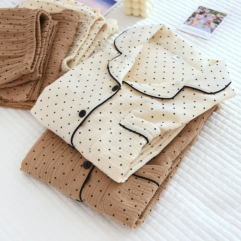 Ladies Spring and Summer Double-layer Cotton  Loungewear  Suit Long-sleeved Trousers  Casual Cardigan Printing Pajamas Set