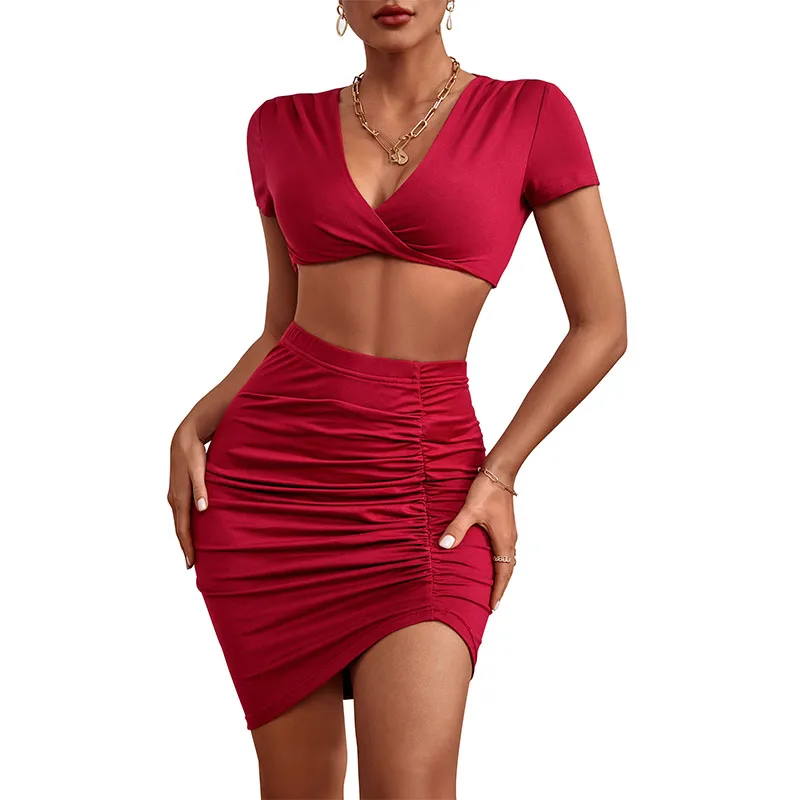 

Sexy Women's New Summer Milk Silk Red Tight Solid High Waist Half Body Short Sleeve Commuter Skirt Set Free Shipping