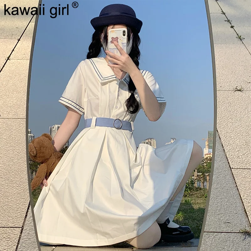 

2022 Summer New Lady Midi Dress Student JK Sailor Clothing Preppy Style White Short Sleeve Waist Dresses Women Kawaii Girl Dress