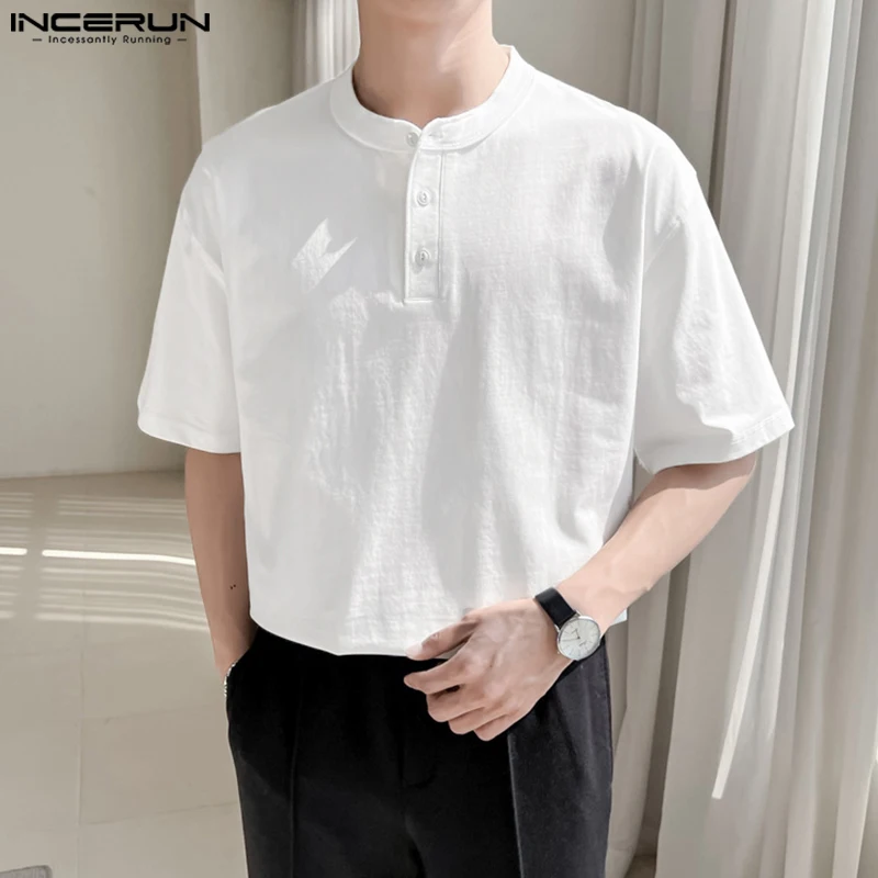 

Повседневные Простые Стильные топы INCERUN, Мужская однотонная модная универсальная блузка, красивая Мужская рубашка с воротником-стойкой и коротким рукавом, женская