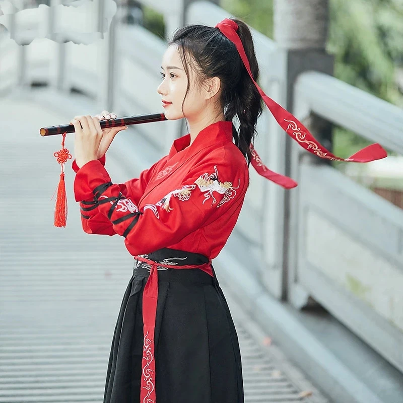 

Women Chinese Traditional Hanfu Ancient Swordsman Costumes Embroidery Han Dynasty Fairy Princess Folk Dance Outfit