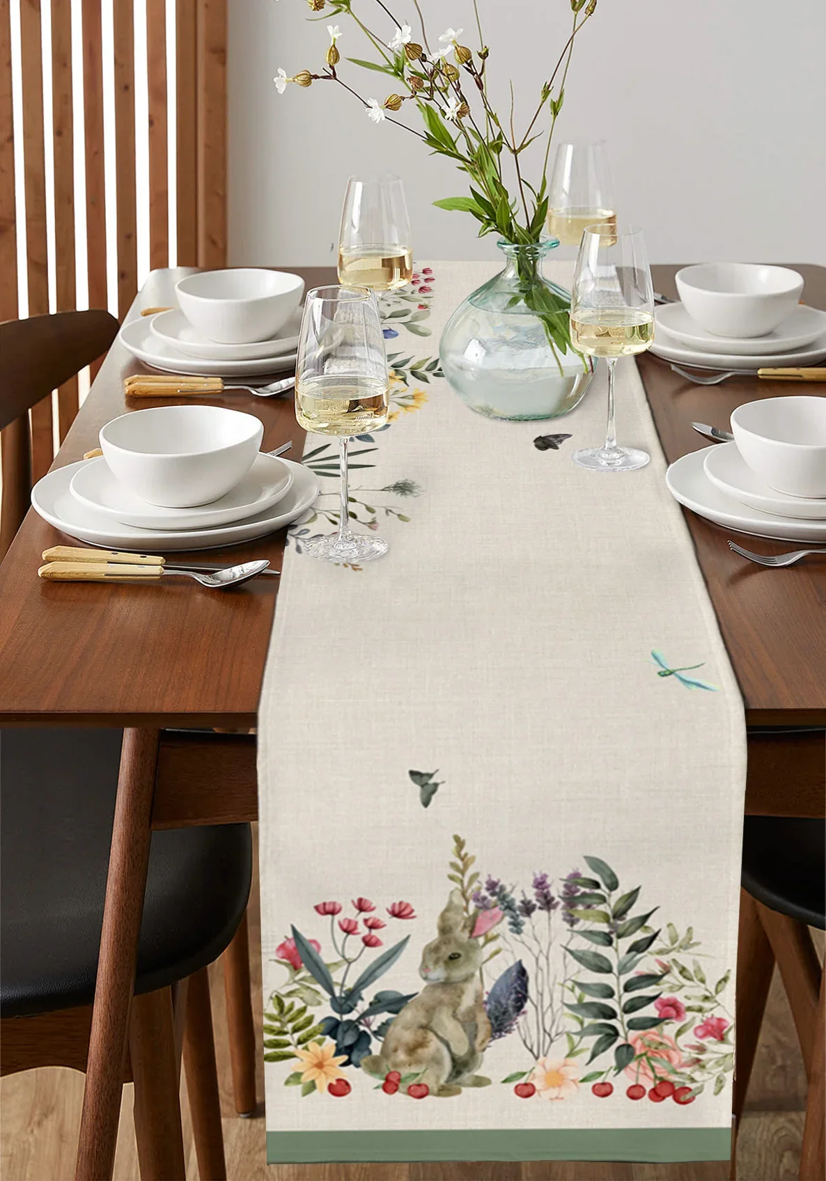 Акварельные животные кролики цветы растения льняные дорожки для стола украшение