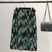 spring new ladies sequin skirt high waist slim mid length over knee skirt sparkling sequin elastic waist skirt