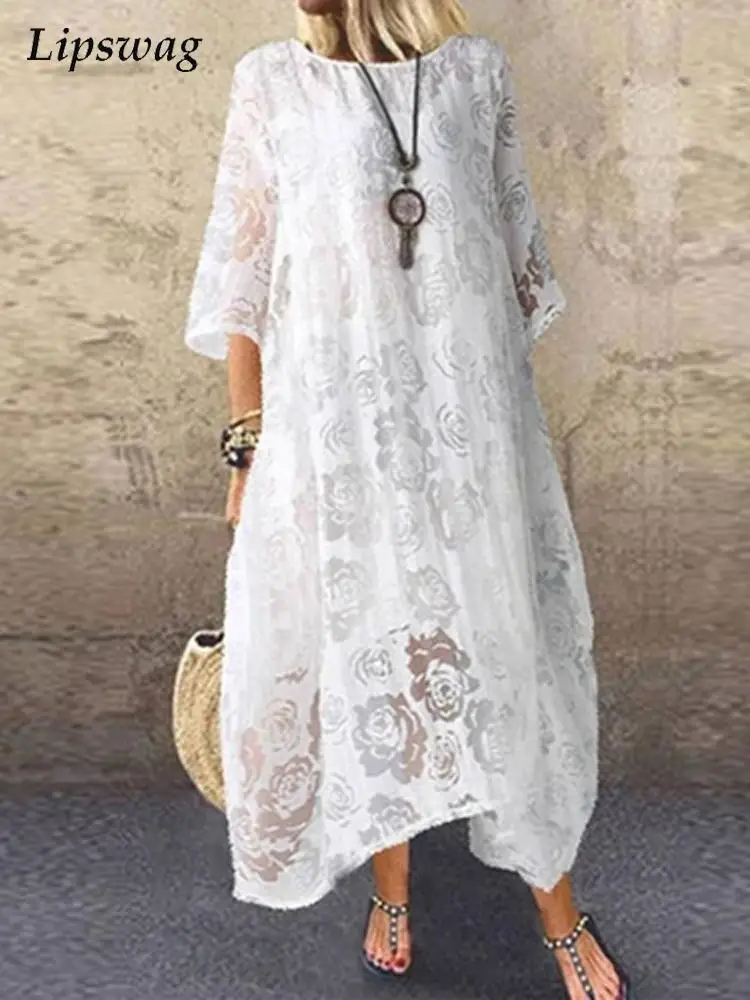 

Elegant Women Solid Lace Hollow Dress Summer Casual Loose Short Sleeve O Neck Long Dresses Casual Female A-Line Maxi Dress Beach