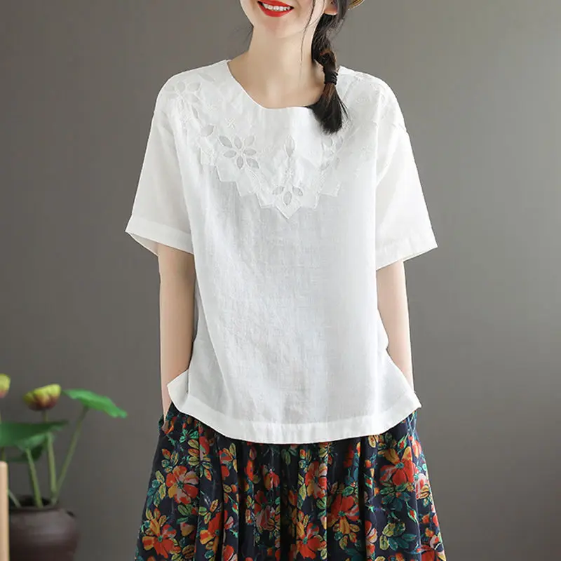 

Retro Round Neck Short Sleeve Ramie Linen Shirt Women's Blouse Casual Oversize Embroidered Solid Color Cotton Linen Blouses Top