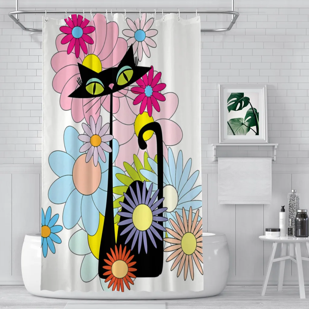 

Flower Power Bathroom Shower Curtains Atomic Cat Old Style Waterproof Partition Curtain Designed Home Decor Accessories