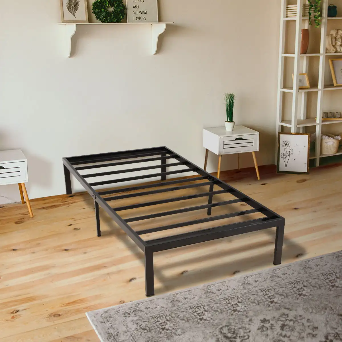 

KingSo 14" Tall Twin Bed Frame Black 1500H Steel Platform Metal Bed Frame with Storage, Heavy Duty Steel Slat and Anti-Sl