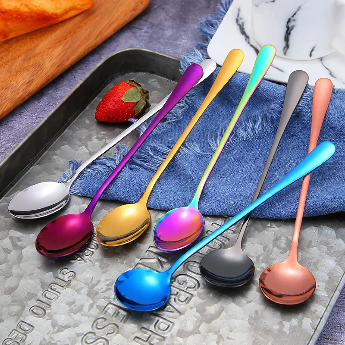 

3Pcs Stainlesssteel Spoon Plated Titanium Long Handle Ice Spoon Coffeespoon Cocktail Mixing Spoon Honey Spoonkitchen Cutlery Set