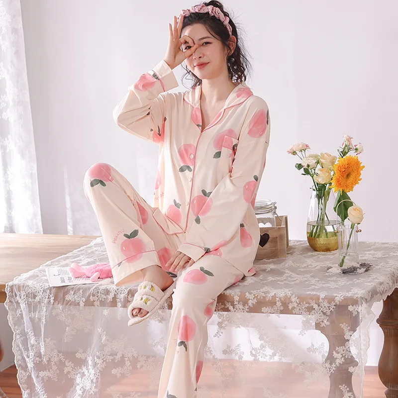 

Yasuk Spring Autuum Fashion Women's Casual Print Pocket Sleepwear Homewear Cute Lovely Pajamas With Pants Soft Many Peach