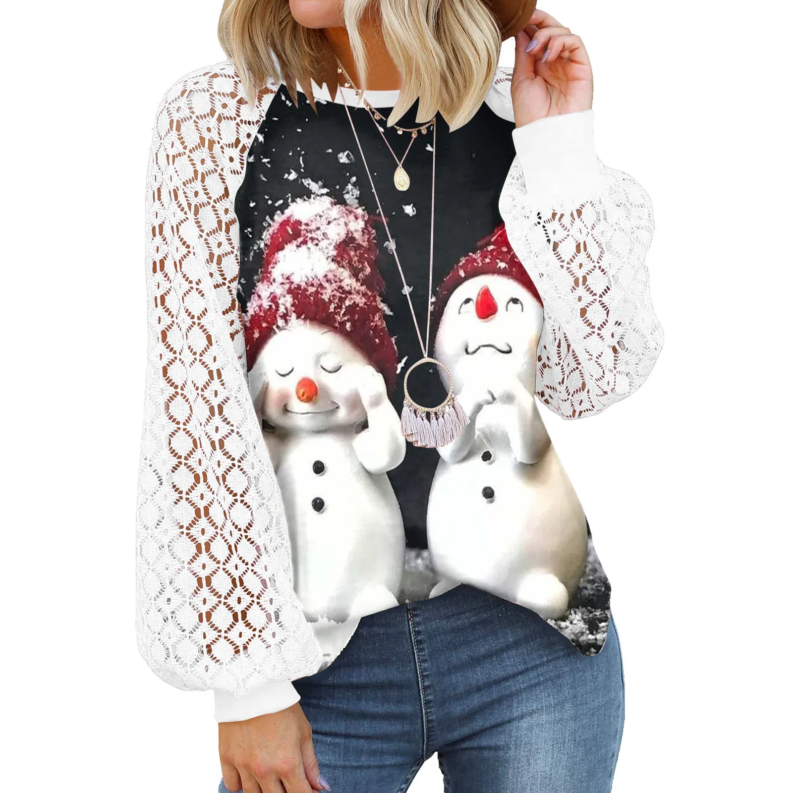 

Женский топ с кружевом, длинным рукавом и круглым вырезом