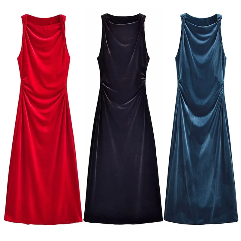 

TRAF Sexy Women Red Velvet Midi Dress Pretty Elegant Round Neck Sleeveles Long Evening Dress Fashion Fitted Waist Tank Vestidos