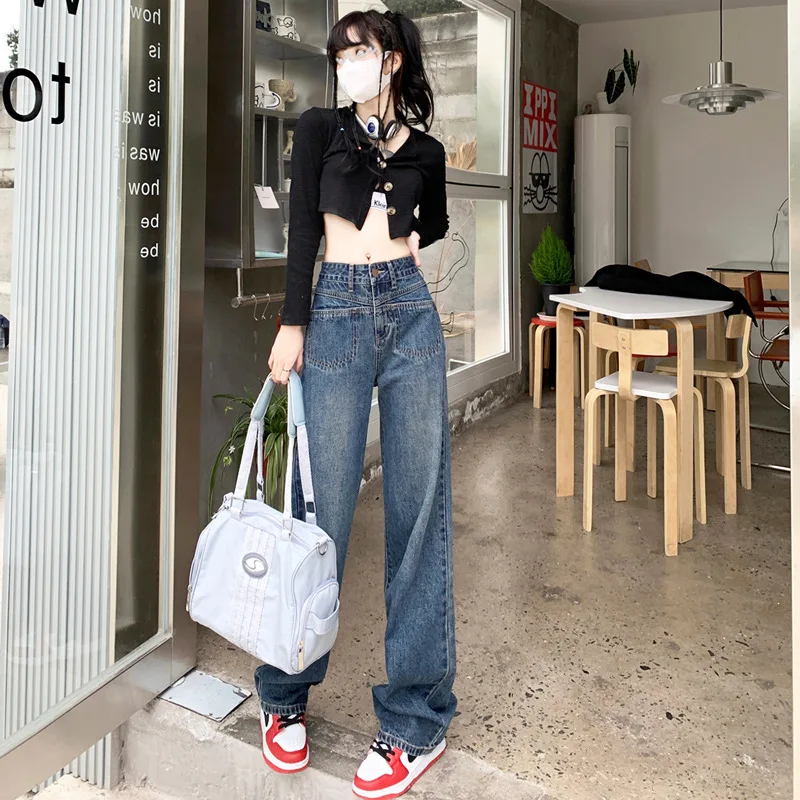 2023 Summer New Pocket Split Design High Waist Straight Loose Dipped Retro Wide Leg Jeans