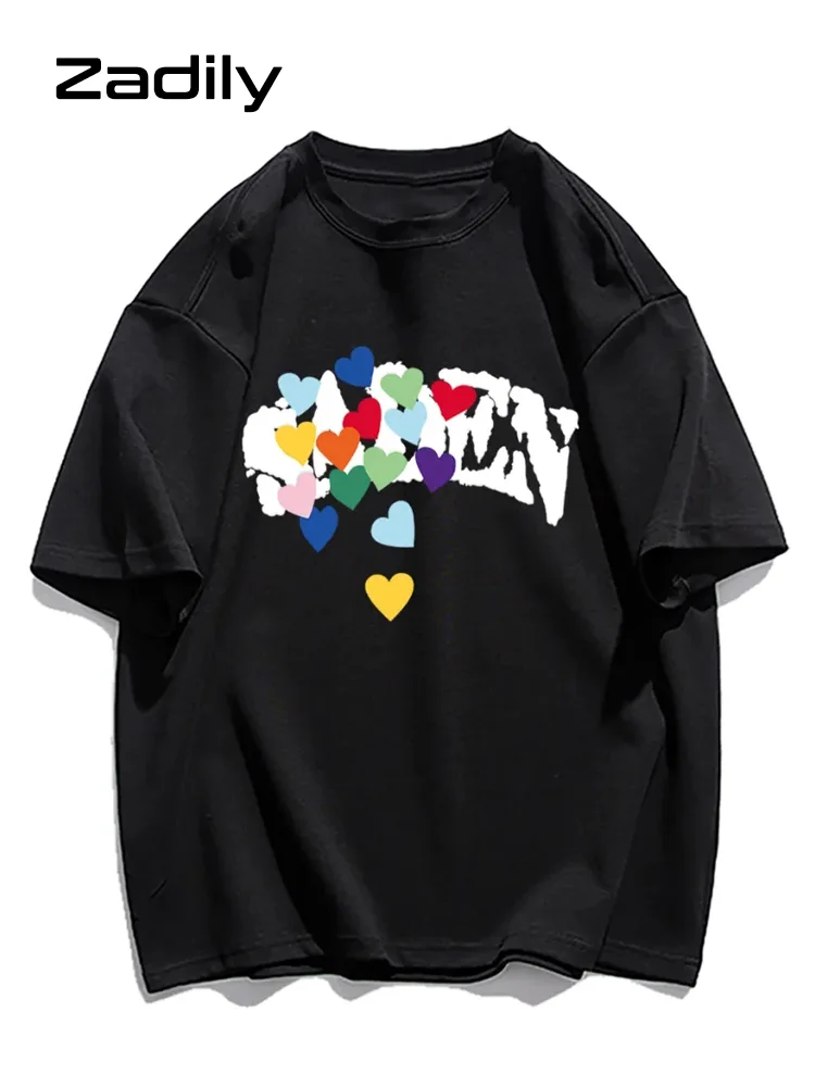 

2022 Summer Short Sleeve Minimalist Style Cotton T Shirt Women Heart Print Oversize Top Tee Casual Female Loose TShirt Clothes