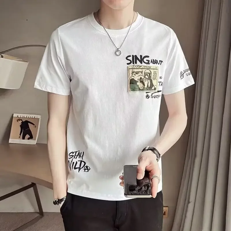 Trendy Round Neck Versatile Half Sleeve T-shirt Men's Korean Style Slim Fit Printing Top Short Sleevest You Smooths Sihouette