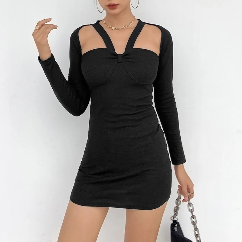 

WeiYao Vintage Black Cut Out Dress Women Knot Dark Retro Casual Mini Dress Long Sleeve Elegant Fashion High Street Vestidos
