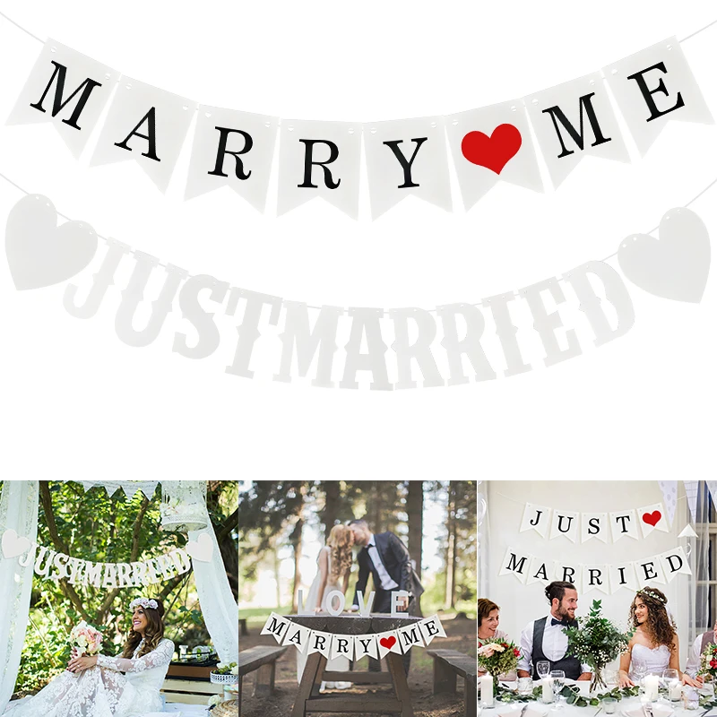 

Wedding Event Party Supplies White "JUST MARRIED&MARRY ME"Letter Banner Retro Pull Flag Bridal Shower Bunting Garland Decoration