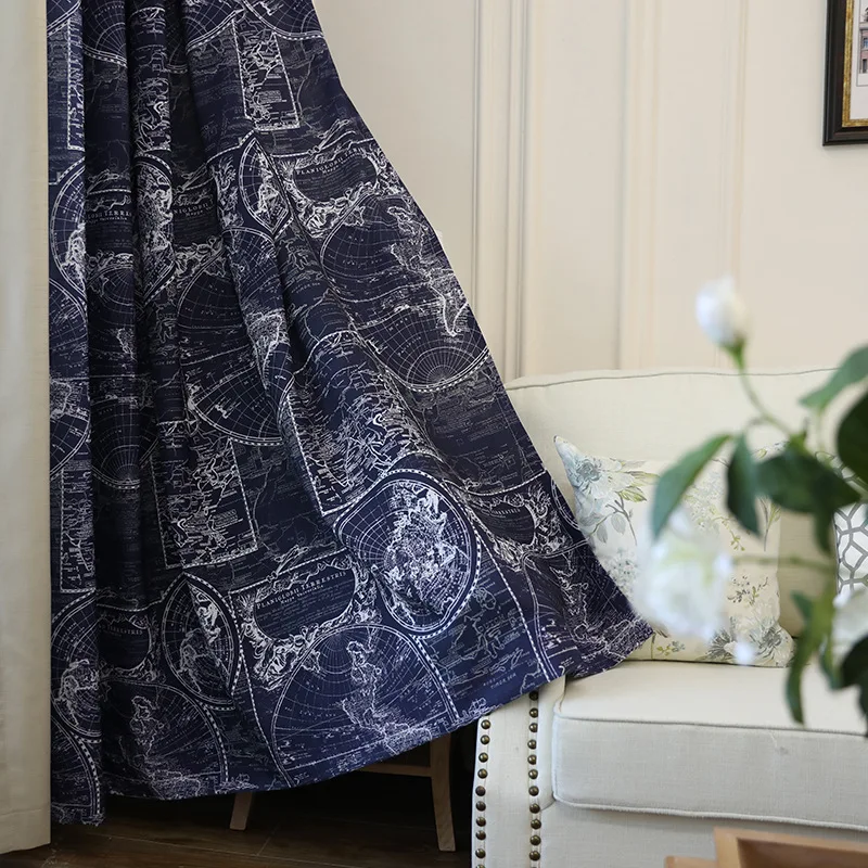 

2022 British Map Children's Study Room American Modern Simple Printing Semi-shading Cotton Linen Curtain Fabric Finished Fabric
