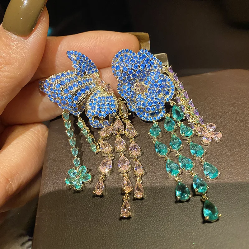 

colorful crystal butterfly flowers fringed earrings for women exaggerated large INSECT luxurious dinner party wedding sparkling
