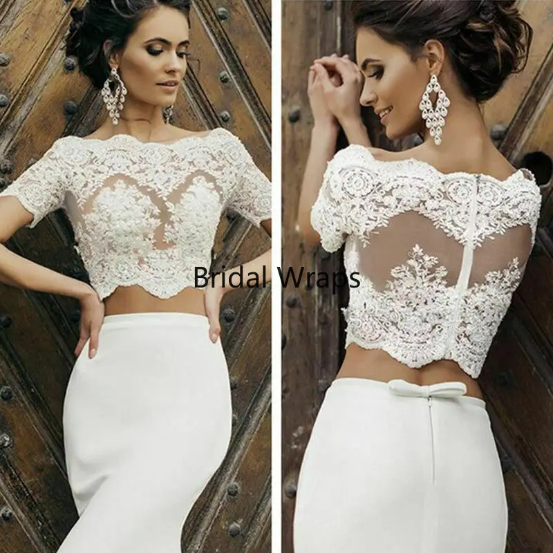 

Wedding Short Sleeve Jacket Topper Cover Up Lace Applique Women Bridal Jackets
