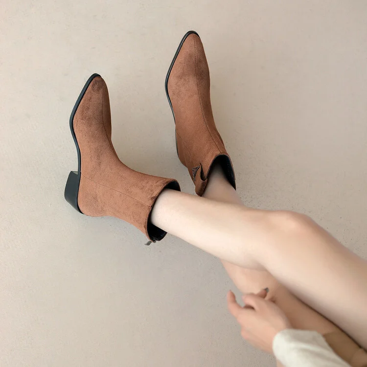 

Western Cowgirl Boots Women 2022 Winter Chunky Heels Slip On Flock Ankle Boots Female British Style Short Booties Lady Shoes
