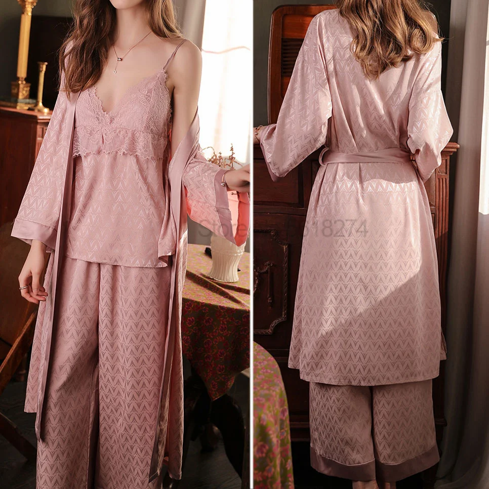 

Women Pajamas Lace Patchwork Nightwear Pink Satin 3Pcs V-Neck Print Flower Sleep Set Summer Home Clothes Pyjamas Pour Femme