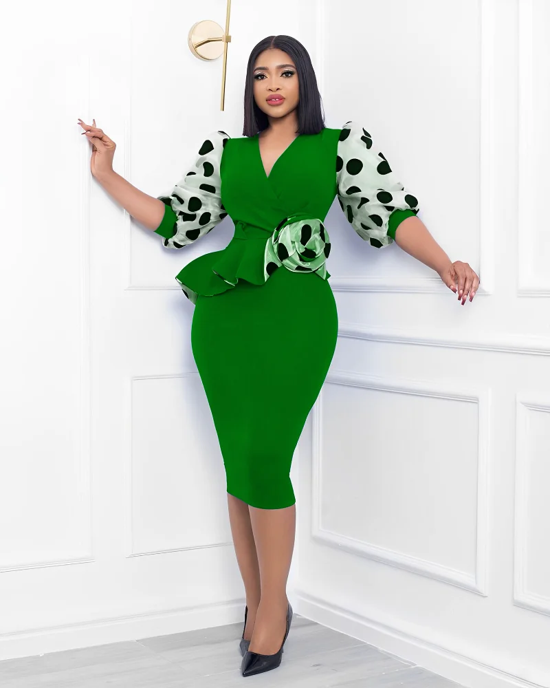 

Polka Dot Bodycon Midi Dresses Women Elegant Mesh Short Sleeve V Neck Peplum Work Office Lady Dress Female Y2k Party Gowns Robe
