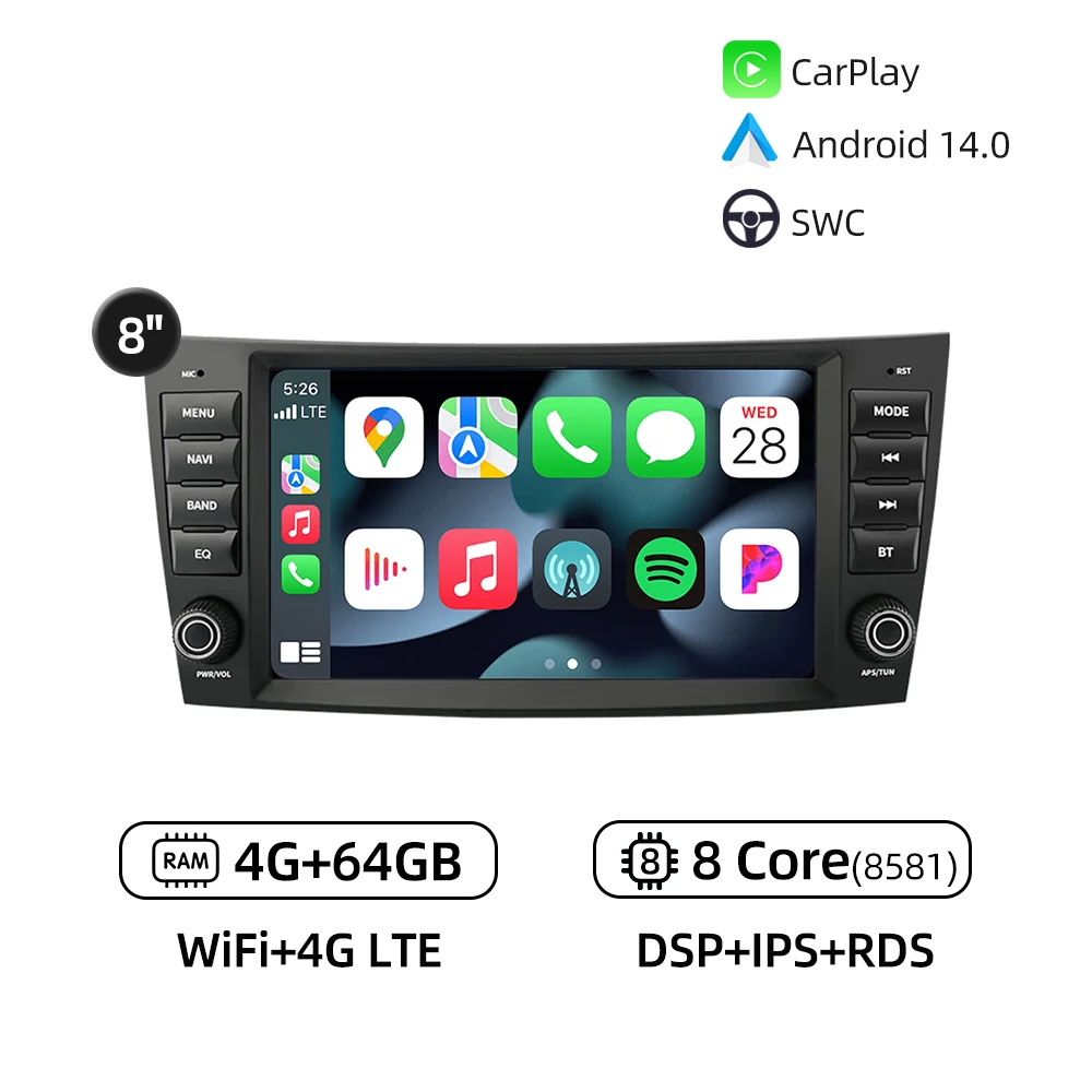 

Автомобильный радиоприемник Android 14.0 для Mercedes Benz E Class W211 W219 2004-2011, GPS-навигация, 4G, Wi-Fi, Bluetooth, RDS, автомобильный мультимедийный плеер