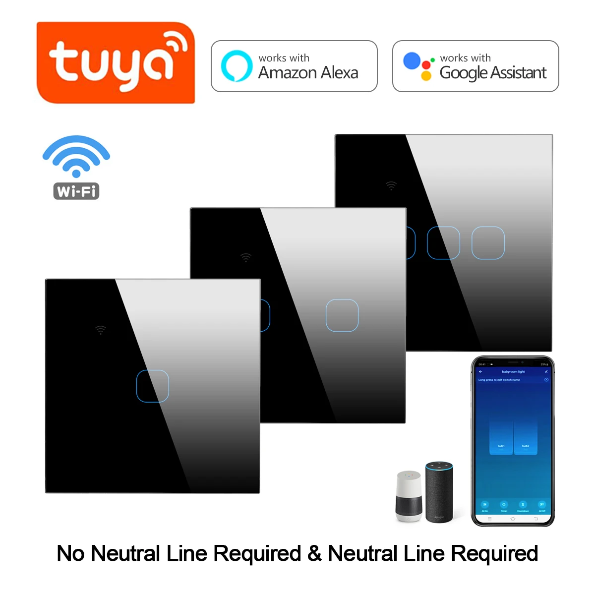

Tuya Smart WiFi Touch Sensor Light Switch Single Fire Wire/Neutral Wire Required 1/2/3 Gang Switch Alexa Google Home 110V/220V