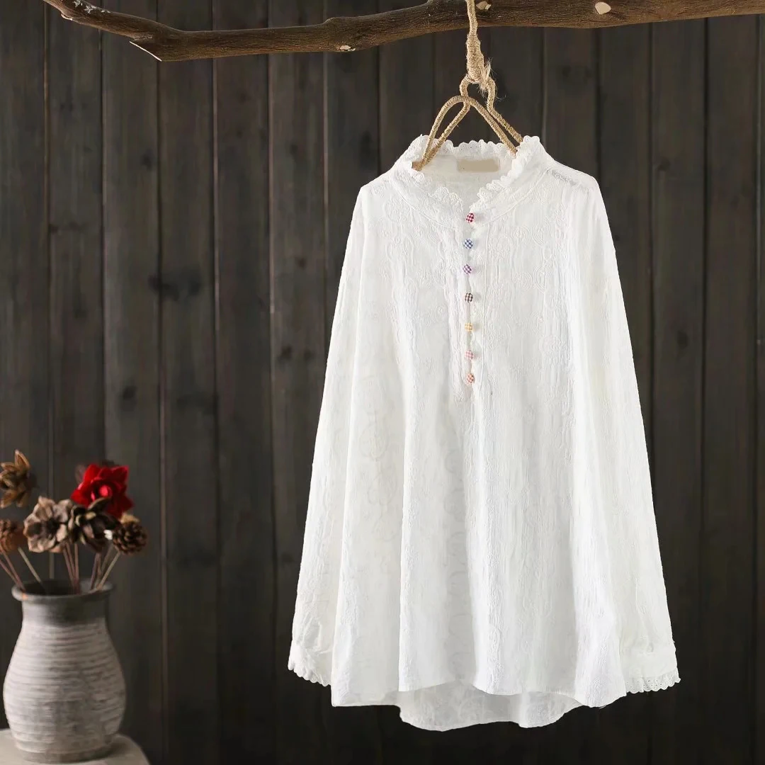 

Cotton White Women Shirts Summer New Design 2022 Ruffles Neck Loose Button Long-Sleeved Office Lady Elegant Outwear Tops