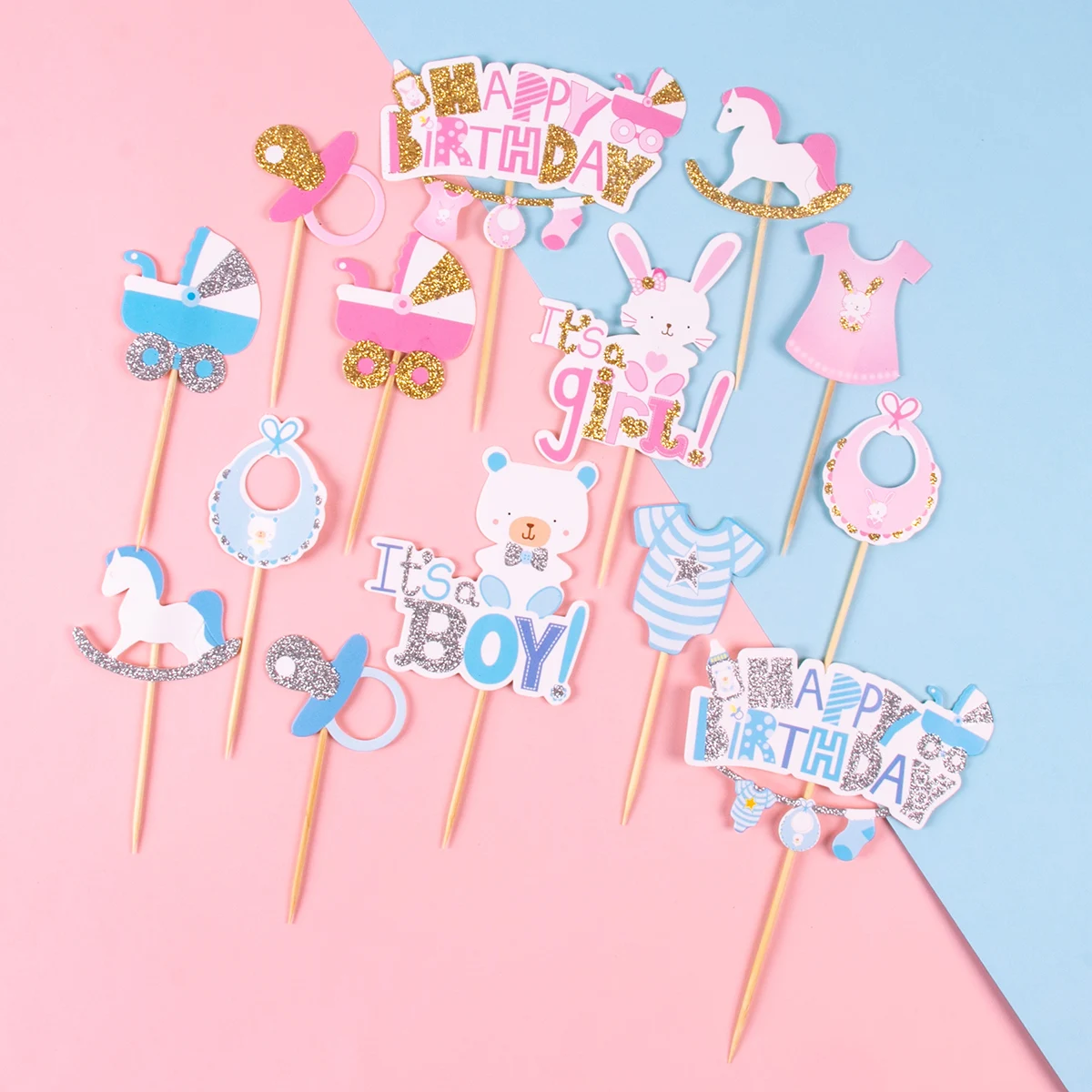 

7pcs/set Blue bear Pink Rabbit Cake topper Baby 1st Birthday Party Cake Decor It's a Boy It's a Girl Gender Reveal Party Decor