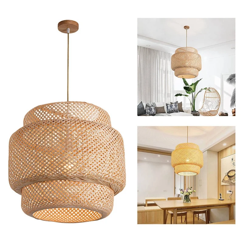 2X Pendant Light Ceiling Retro Hanging Cafe Lights Loft Japanese Style Hand Weaved Bamboo Woven Lampshade For Teahouse B enlarge
