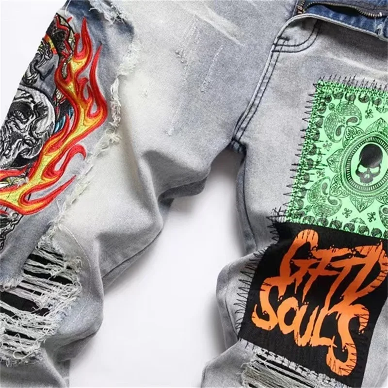 EH·MD® Color-Painted Graffiti Jeans Men Torn Elastic Slim Embroidered Trousers Leather Label Spot Pleated Patchwork Scratch Art2