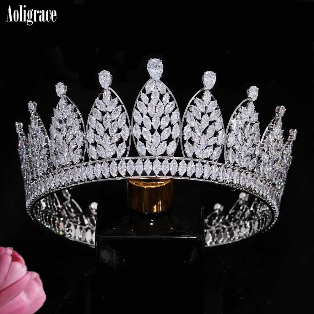 

Aoligrace AAA Cubic Zirconia Full Round Wedding Crowns for Women Silver CZ Princess Tiaras Large Arabic Dubai Bridal Headdress
