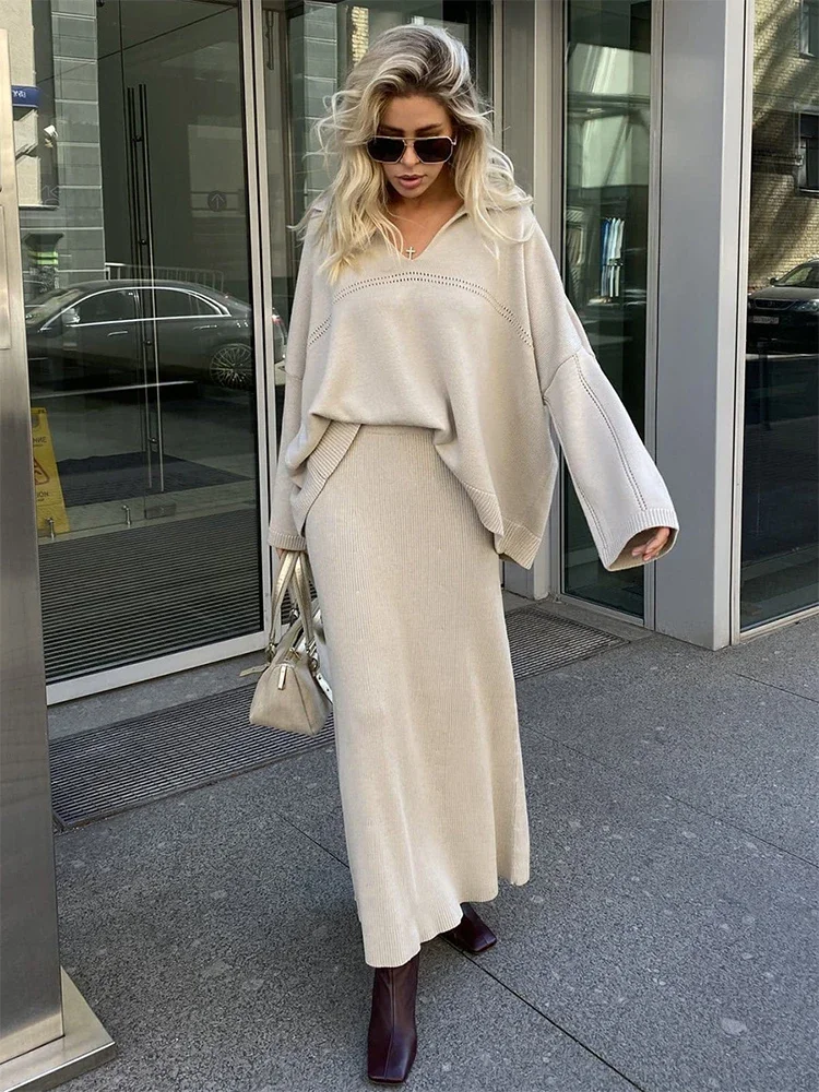 Вязаный свитер с v-образным вырезом и юбкой модный свободный комплект из 2