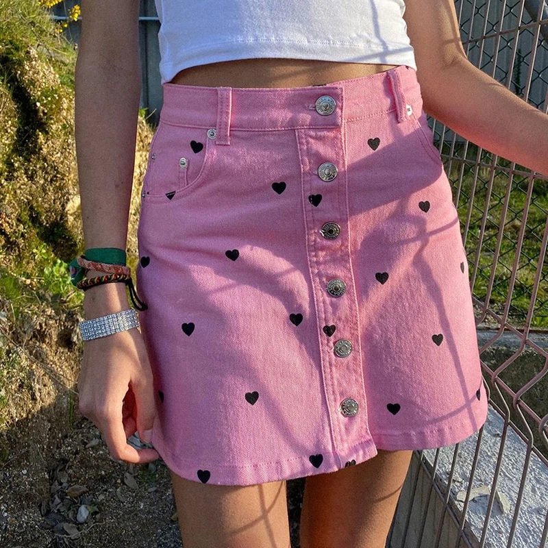 

Fashion High Waist A Line Mini Jeans Skirt Cutie Sweet Pink Heart Denim Skirt Women Chic Front Button Up Mini Skirts School Girl