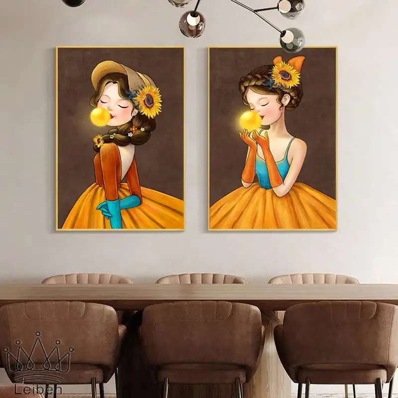 

Retro Cartoon Girl Blowing Bubble Posters and Prints Nordic Sunflower Wall Art Canvas Painting Home Decor Kids Room Girl Gifts