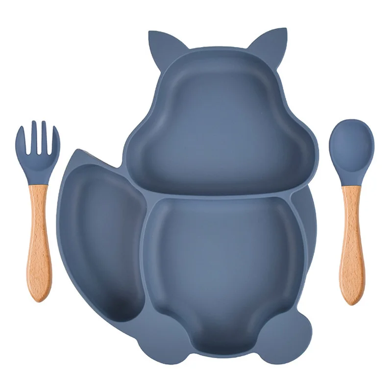 

3pcs/set baby tableware set silicone squirrel plate bowl with spoon and fork cultery non-slip child feeding dinnerware set