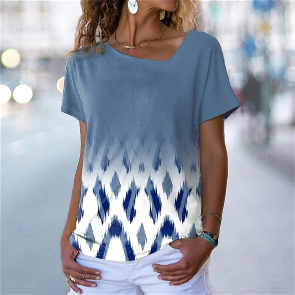 

Women T Shirt Digital 3D Printing Fashion Trend Thin Light Oblique Collar White Short Sleeve Clothes Leisure Summer Pullover