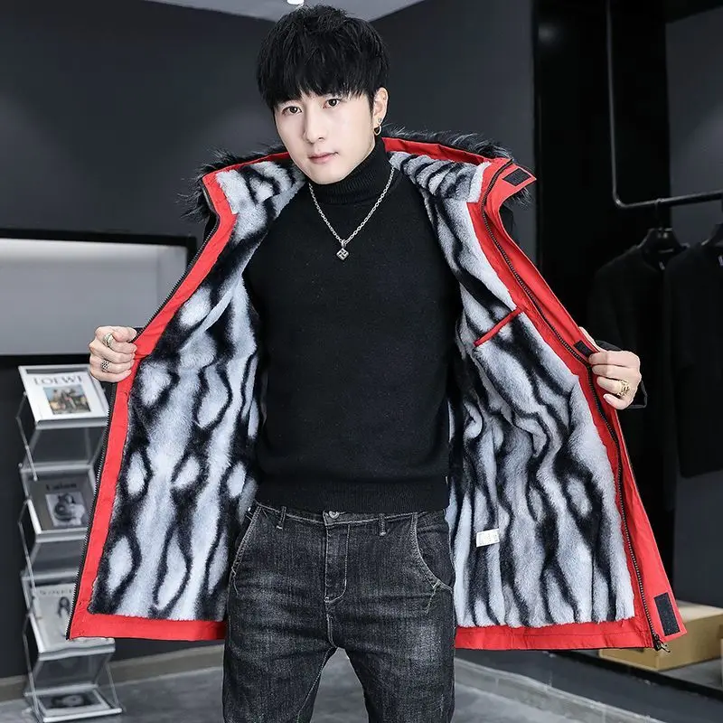 Winter men's hooded long cotton-padded jacket with velvet padded jacket for cold protection and warm cotton clothing men's fashi