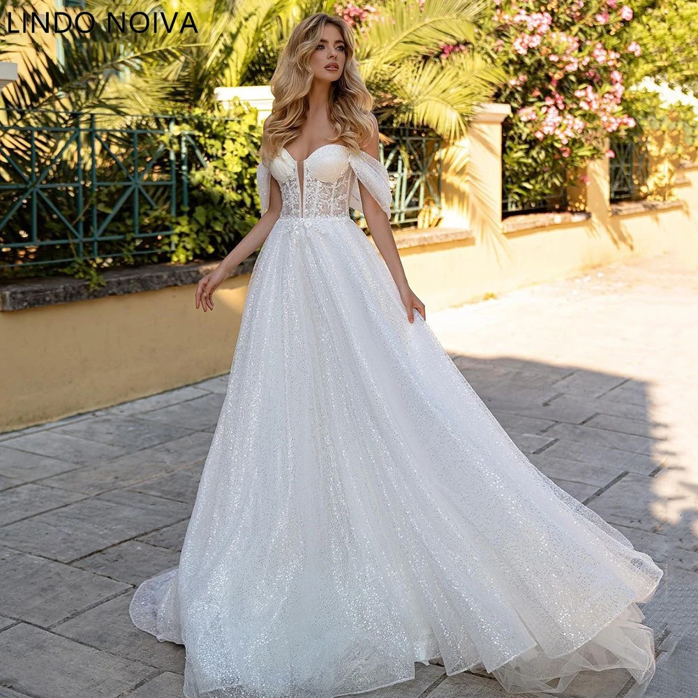 

Vintage Shiny Tulle Lace Wedding Dresses Boho Off The Shoulder Beaded Bride Dress Corset Back Plus Size Bridal Gowns