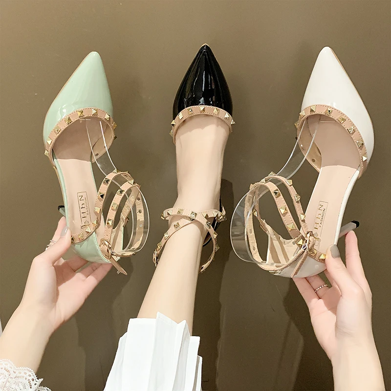 

Closed Toe Sandals 2022 Summer Buckle Strap Clear Heels Cross-Shoes All-Match Suit Female Beige Studded Sexy High Fashion Comfor