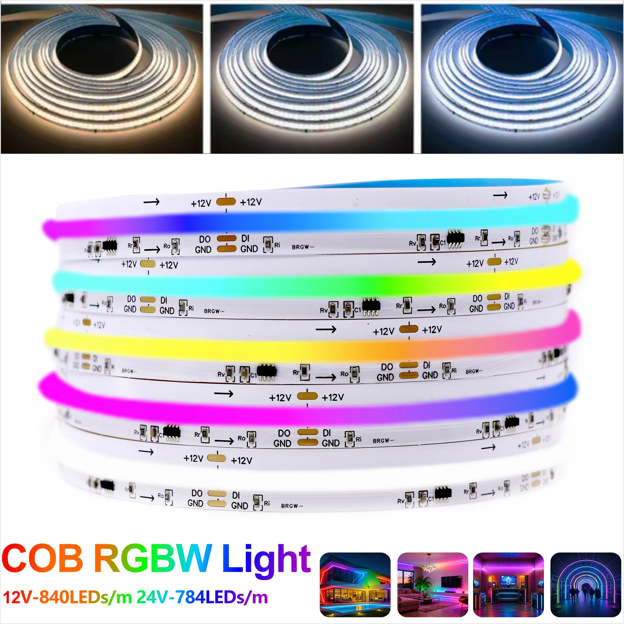 Фото Светодиодная лента FCOB SPI RGBW IC WS2814, адресная, 784/840 светодиодов, Dream Color, 10 мм, DC24V/12V, SK6812, высокогибкая, FOB COB подсветка №1